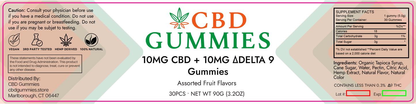 CBD Gummies label with product details and warning information.