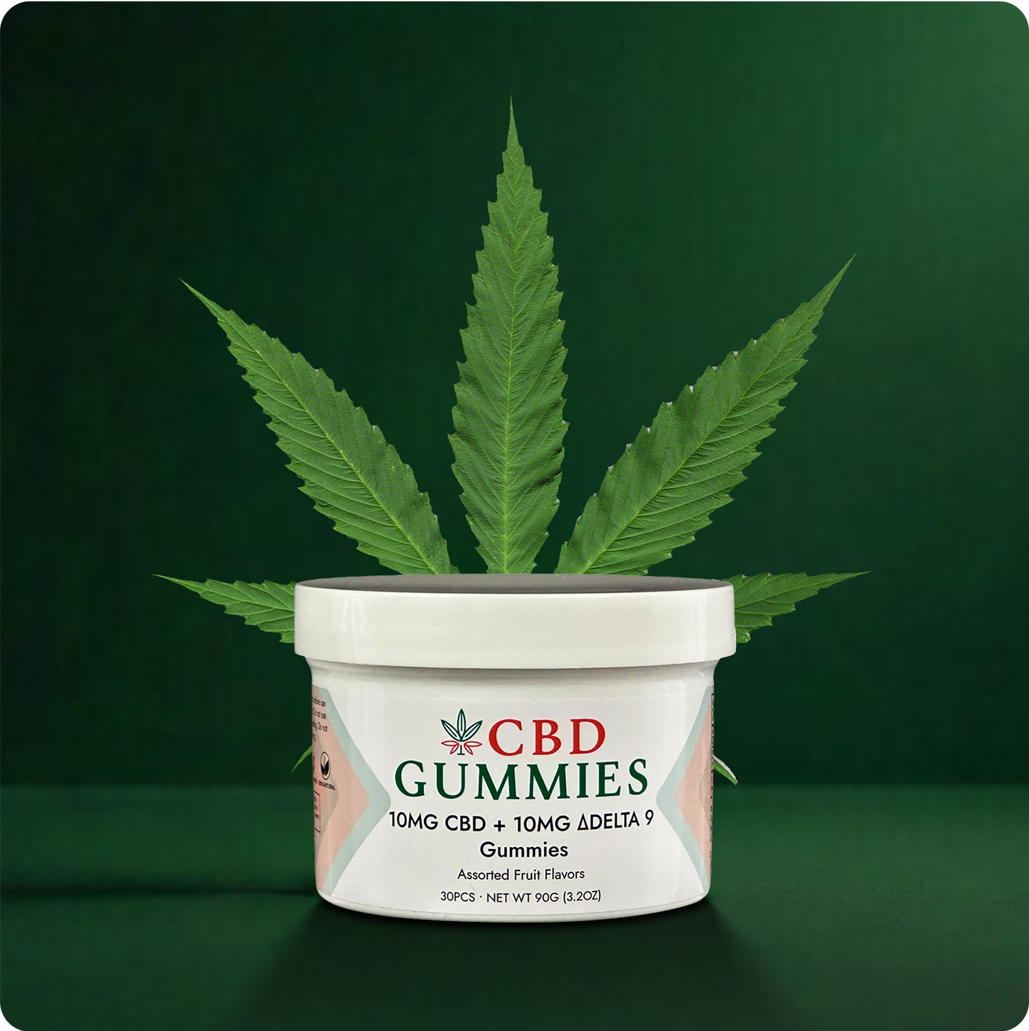 CBD gummies container with a cannabis leaf on a green background