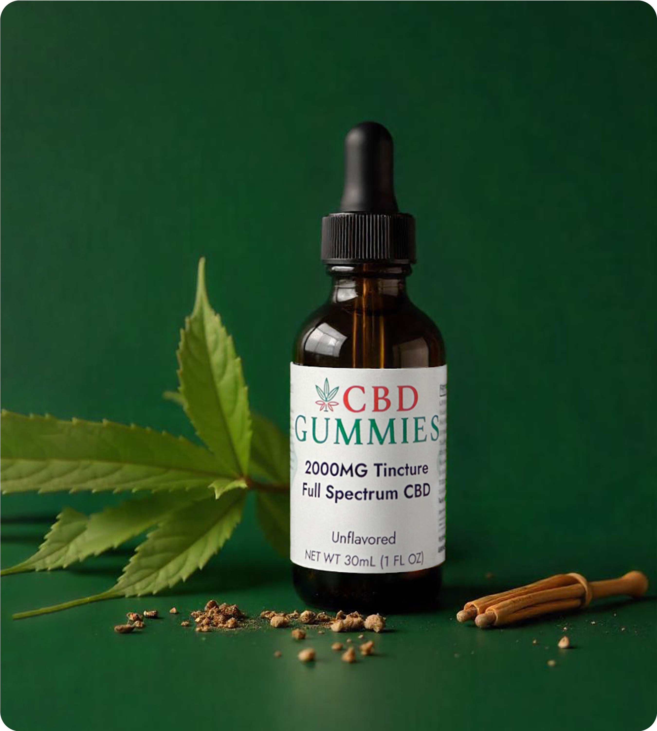 CBD tincture bottle with dropper on a green background