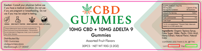 CBD Gummies label with product details and warning information.