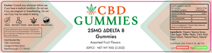 CBD Gummies label with product details and warning text.
