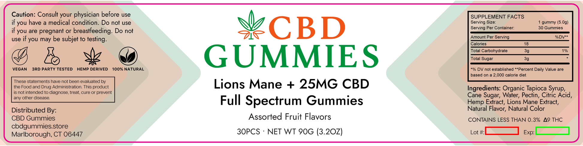CBD Gummies label with branding and product details.
