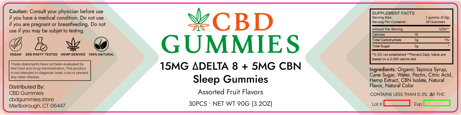 CBD Gummies label with product details and warning information.