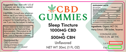 CBD Gummies label for Sleep Tincture with CBD and CBN, featuring supplement facts and ingredients.