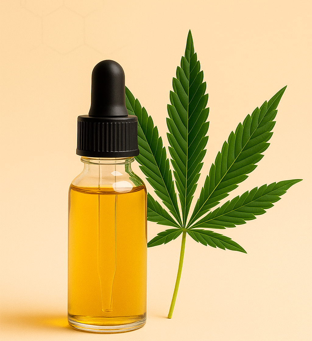 Glass bottle with cannabis oil and a cannabis leaf on a beige background