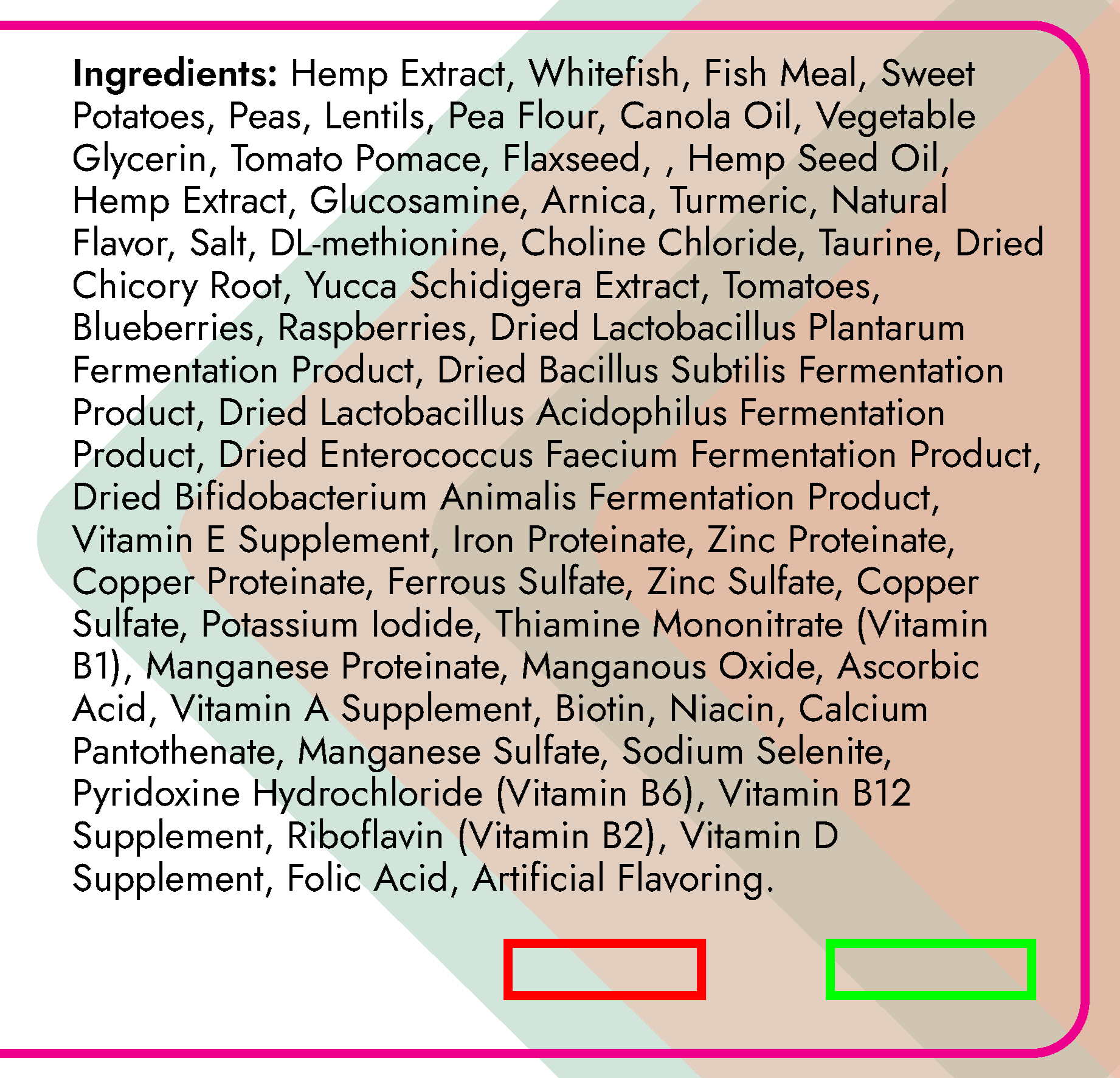 List of ingredients with highlighted sections on a pink background