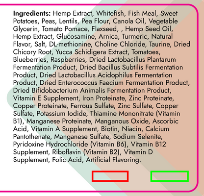 List of ingredients with highlighted sections on a pink background